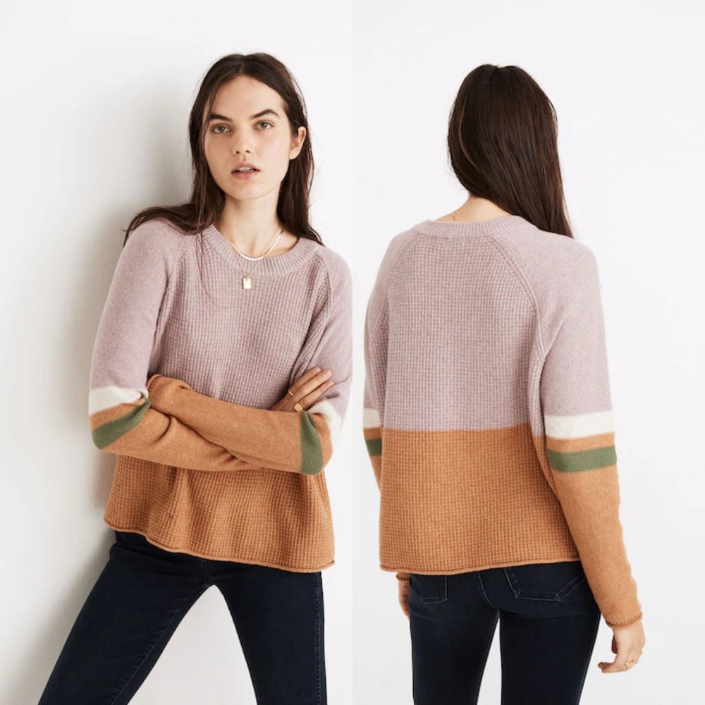 Madewell Striped Merino Waffle Pullover Sweater, XXS Purple Orange oversized